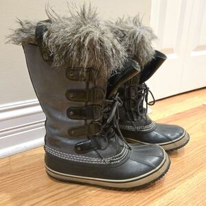 Sorel Joan of Arctic Black and Gray Waterproof Winter Boots Faux Fur Cuff CW3